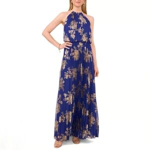 MSK Pleated Gold Blue Greek Goddess Sleeveless High Neck Choker Maxi Dress